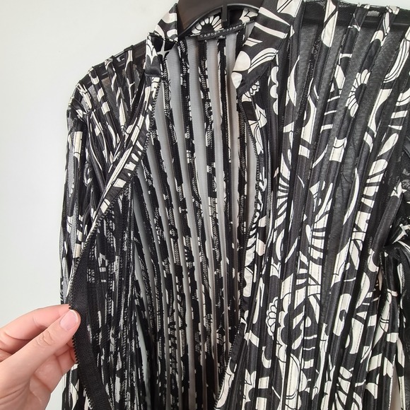 Sandra Darren Black Ivory‎ Mesh Stripe Blouse Light Zip Jacket Bell Sleeve Sz 10 - Picture 6 of 10